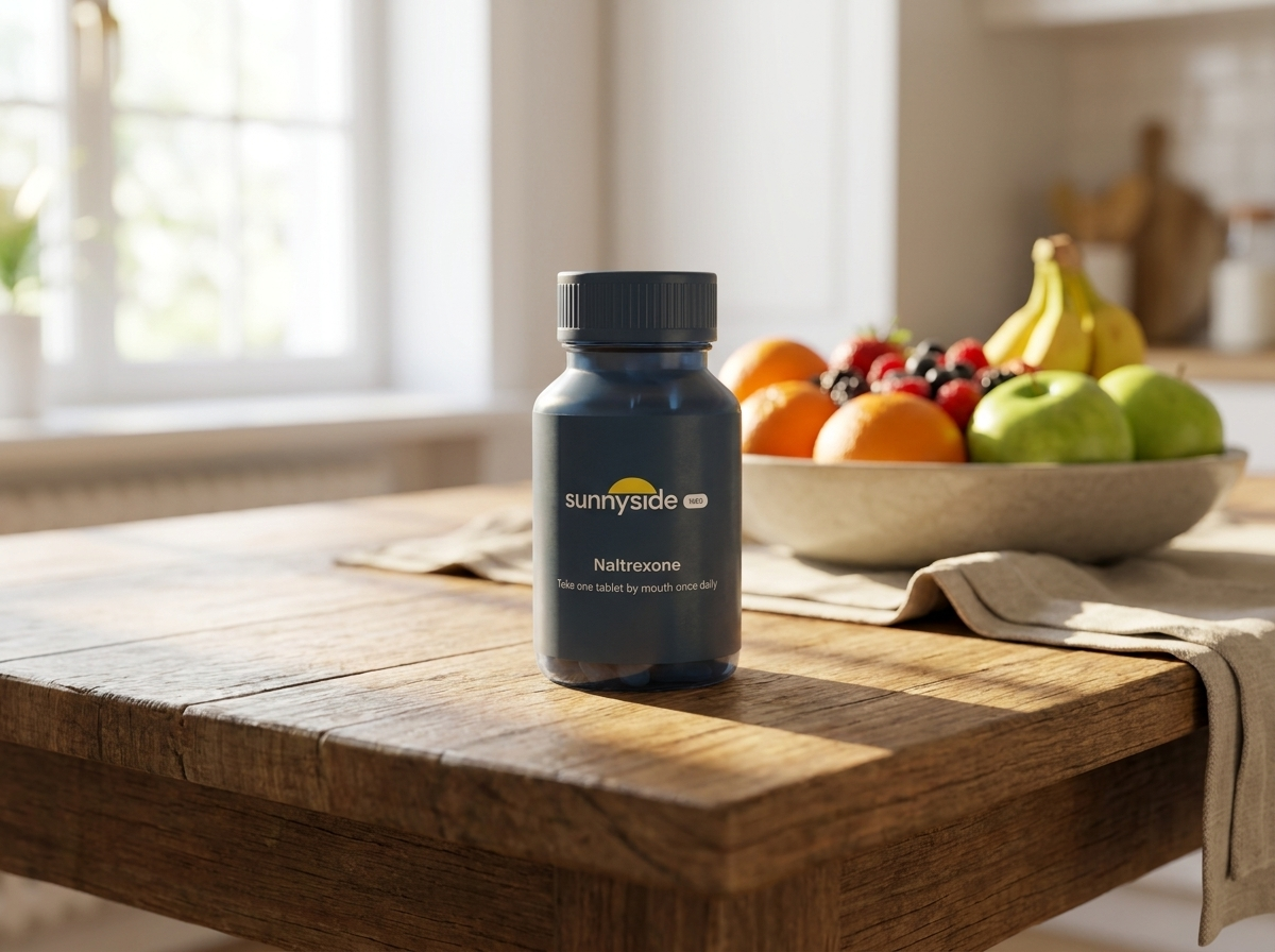 A compounded naltrexone bottle with the Sunnyside Med label