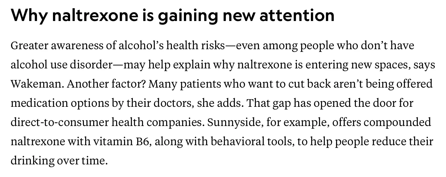 National Geographic article excerpt: Why naltrexone is gaining new attention, mentioning Sunnyside offering compounded naltrexone with vitamin B6
